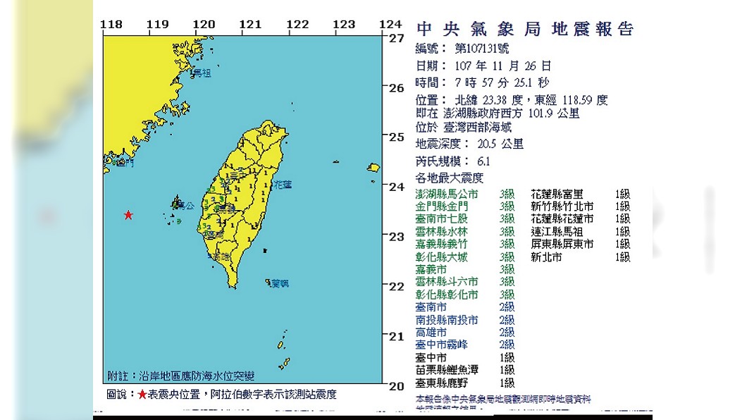 今早7點57分發生有感地震。(圖／翻攝自中央氣象局)