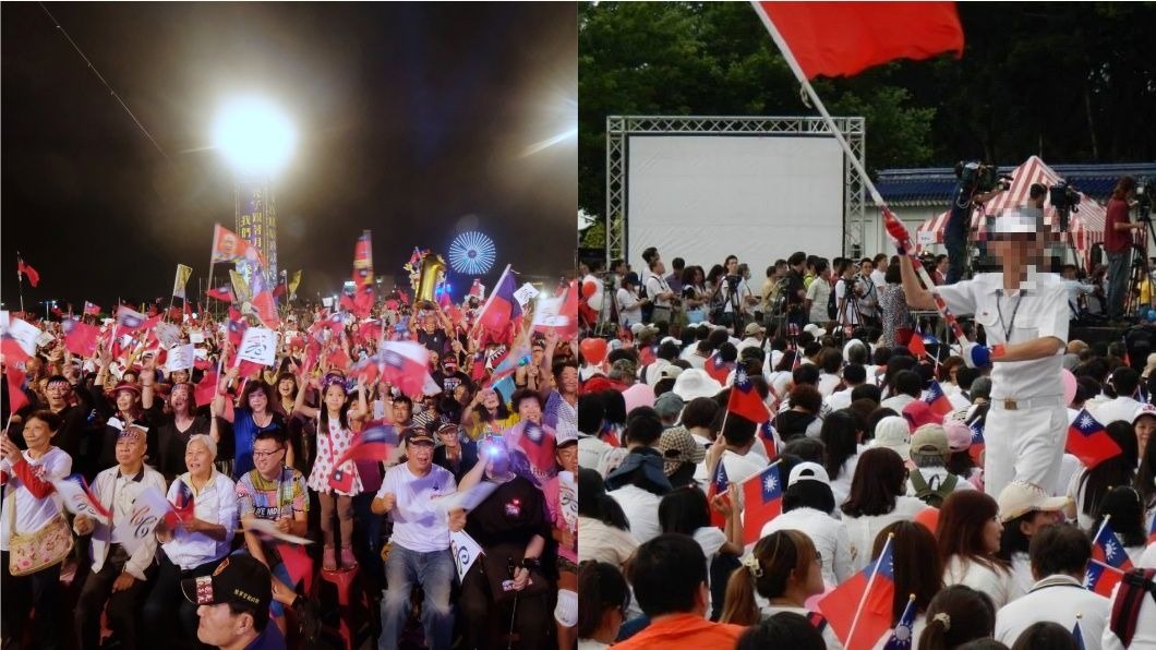 經常能在國民黨的造勢場合,看見「國旗哥」謝男邊唱軍歌邊揮舞國旗。圖/中央社、翻攝自臉書