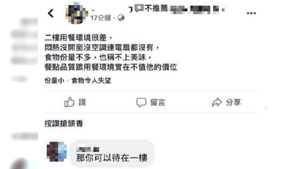 二樓未開放…他給負評「用餐環境差」 老闆霸氣嗆被讚爆