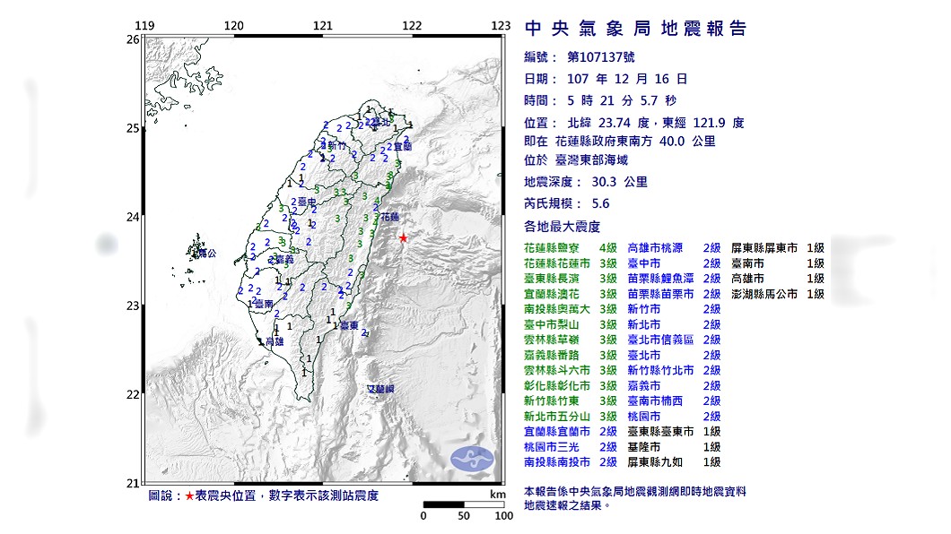 台灣東部海域芮氏5.6地震　花蓮縣最大震度4級