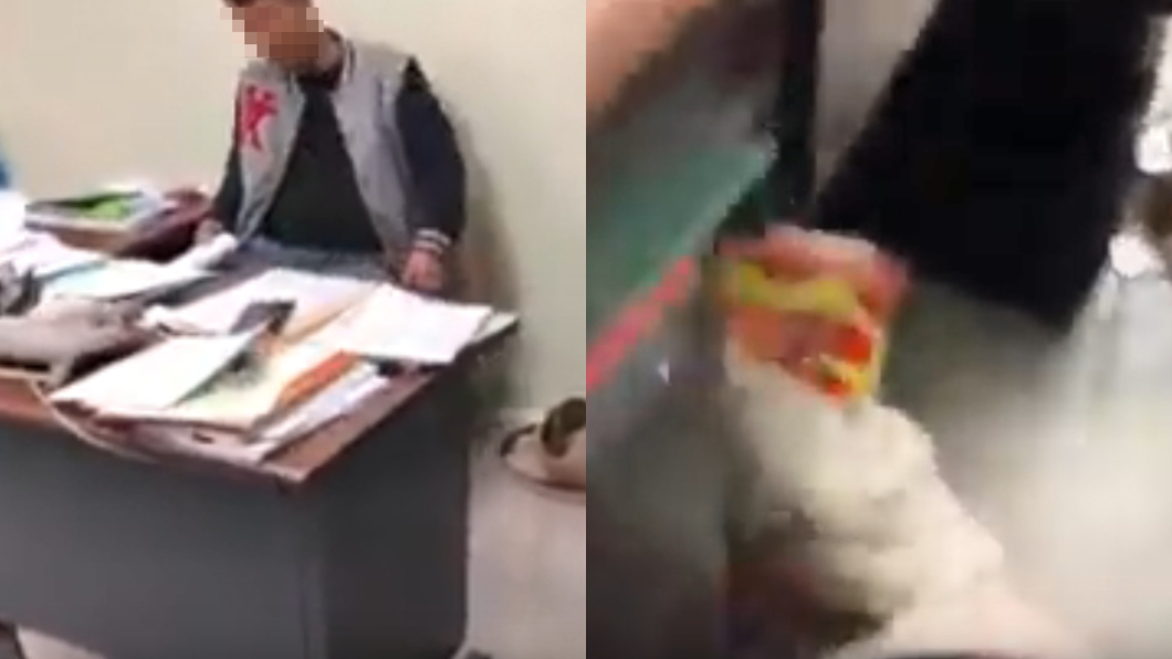 原PO老婆嚇到躲桌子底下,並拿橘色抱枕抵擋。圖/翻攝自爆料公社