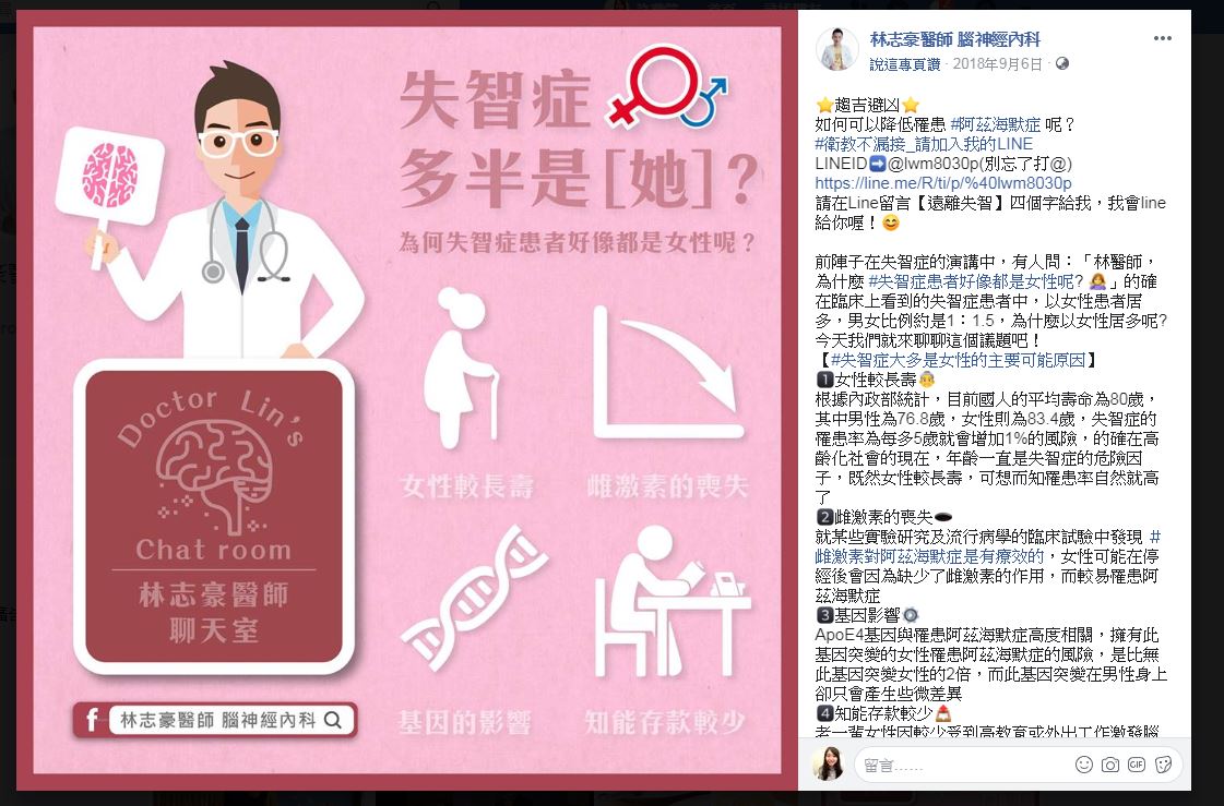 醫師林志豪在臉書上分享，女性罹癌率高於男性，可能和女性較長壽、雌激素的喪失、基因影響、知能存款較少有關。圖／翻攝自林志豪臉書