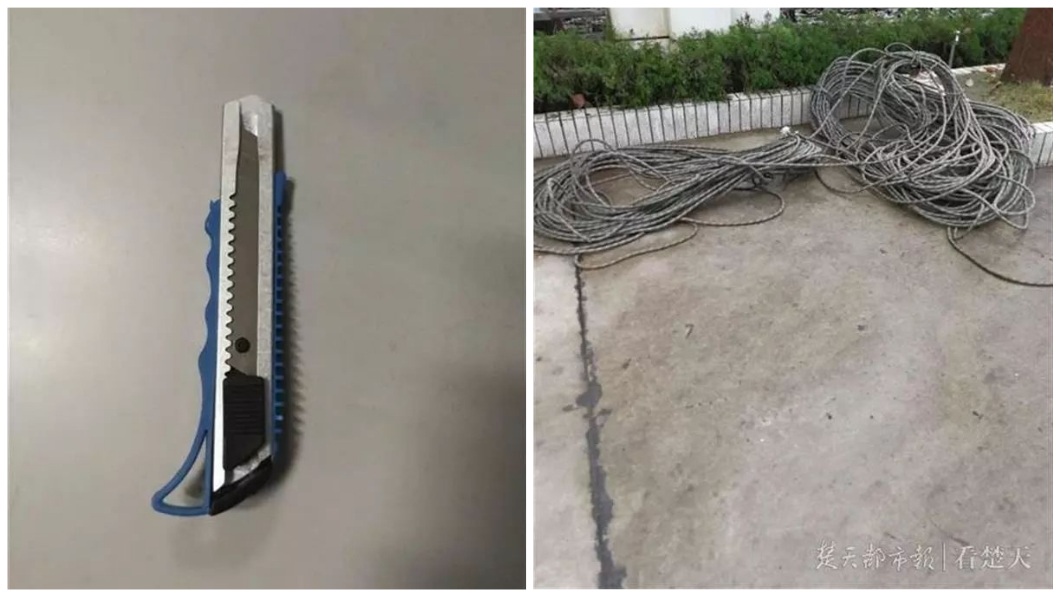 警方事後找到這把美工刀和斷掉的繩子。(圖/翻攝自楚天都市報)