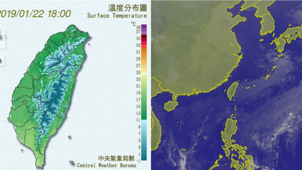 今晚(22日)到明晨(23日)是這波冷氣團最冷的時間點，民眾務必注意保暖。圖／中央氣象局