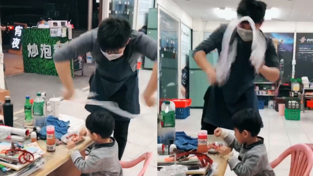 想看撈麵秀!老爸花式狂甩塑膠袋 兒子好淡定