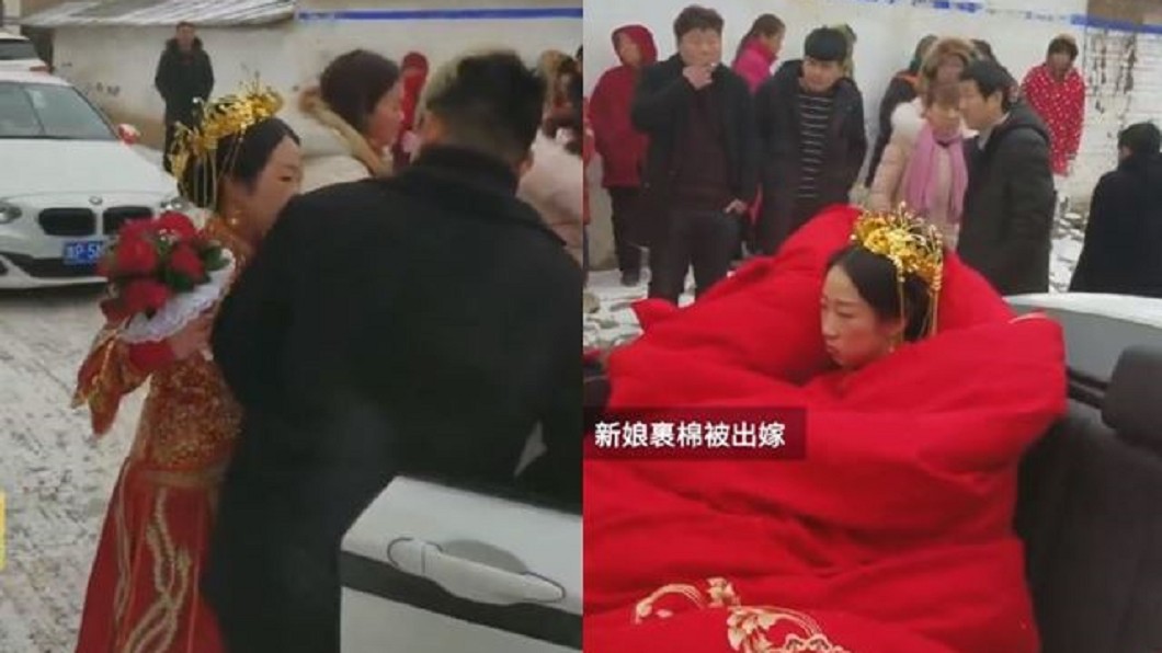 雪天坐敞篷車出嫁 新娘裹厚被...表情超不爽