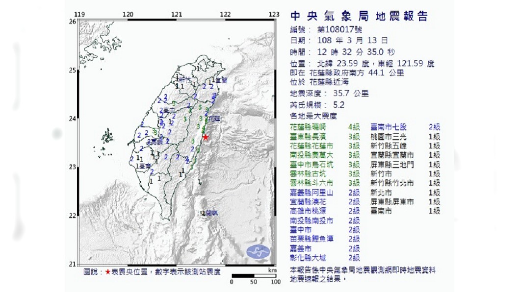 花蓮近海地震規模5.2　最大震度4級