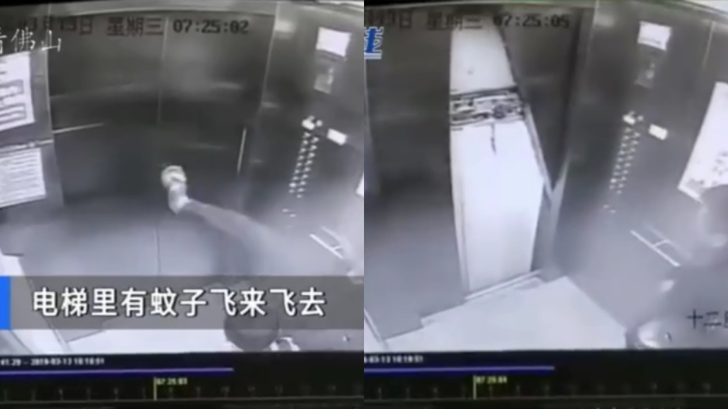 神腳?出腳輕踢殺蚊子 「電梯門秒崩」他看傻