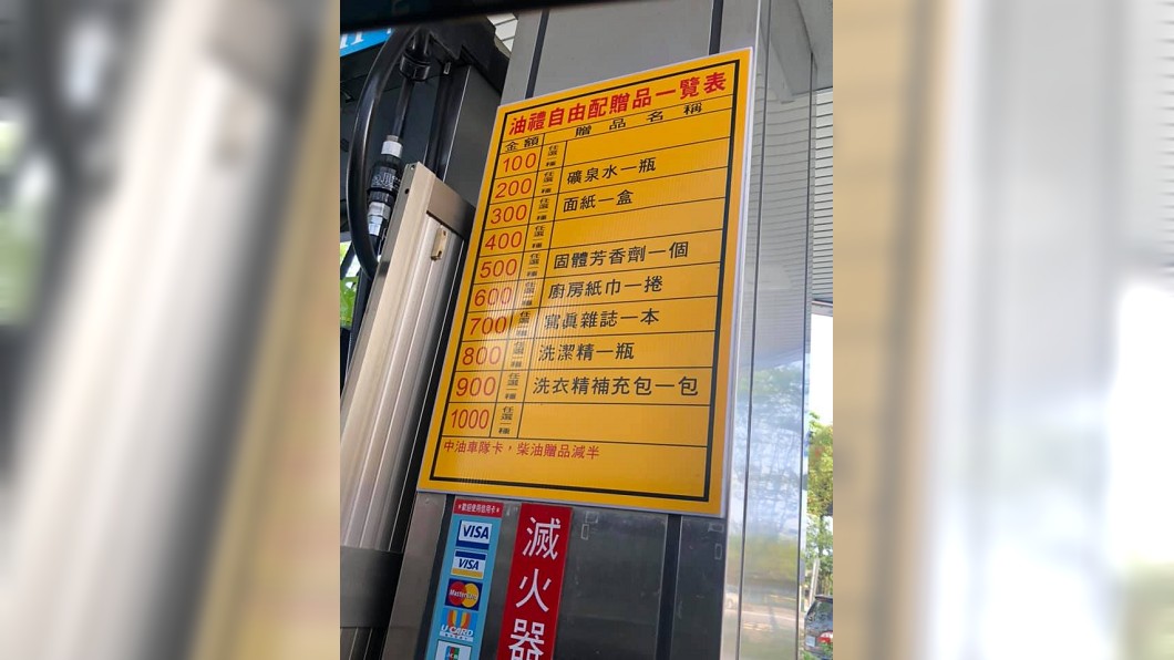 不少加油站都會列出加滿多少錢可以換什麼贈品的公告。(圖/翻攝自爆廢公社)