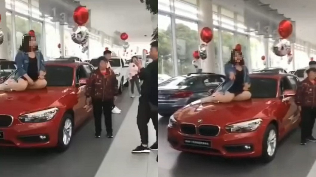 豐腴妹坐BMW抗議…引擎蓋秒凹陷 店家看傻眼