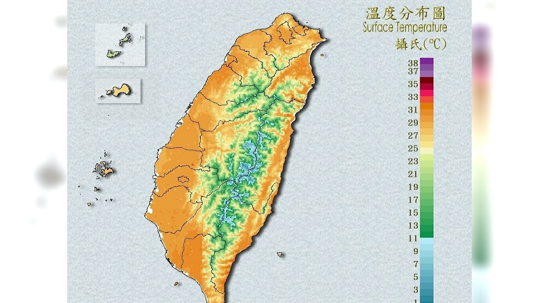 今(30)日溫度分度圖。圖/翻攝自中央氣象局