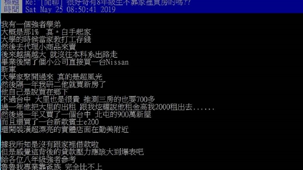 原PO分享自己8年級生學弟白手起家的故事。圖／翻攝PTT