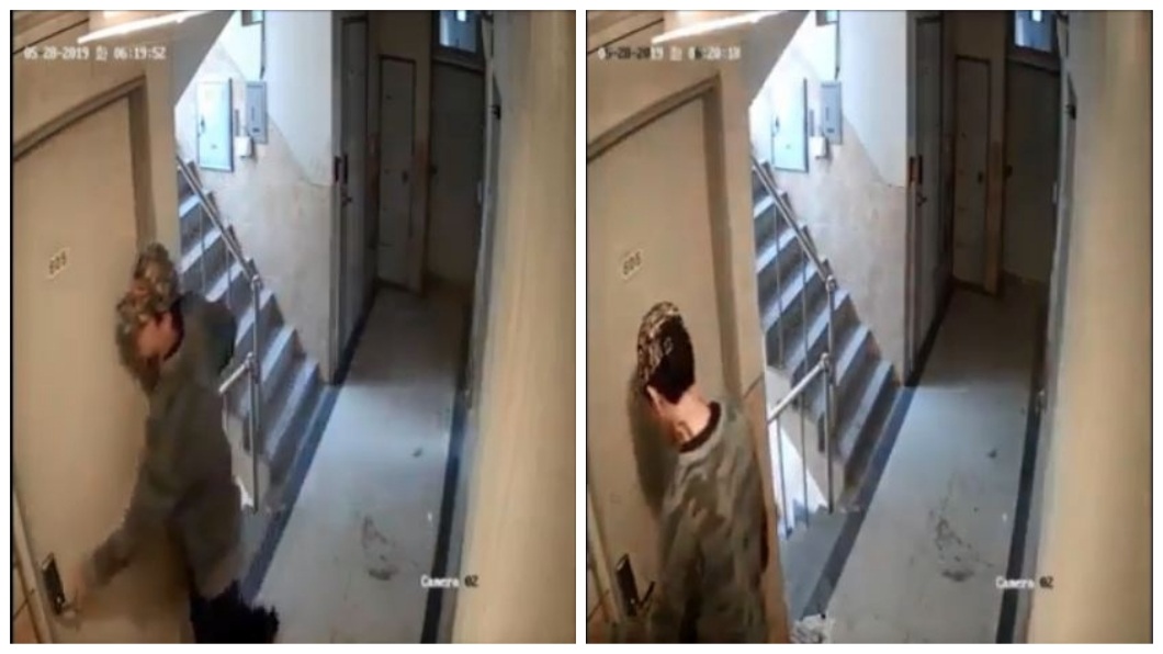 就在女子進入屋內把門關上時,陌生男試圖阻擋但晚了一步,接著就在門外試圖打開密碼鎖。(圖/翻攝自臉書)