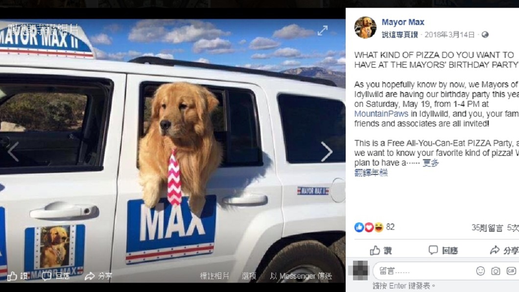 黃金獵犬掌美國小鎮 狗鎮長有座車要盡職