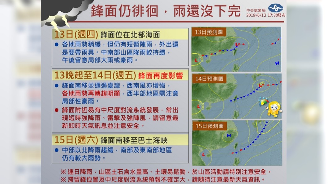 這波鋒面所帶來的雨勢尚未結束，到了週六(15日)降雨會由北往南緩和下來。圖／中央氣象局