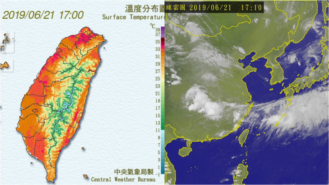 全台高溫飆破30度，氣象局明(22日)針對花蓮縣縱谷、高雄市近山區或河谷發出橙色燈號，有連續出現36度高溫的機率。圖／中央氣象局