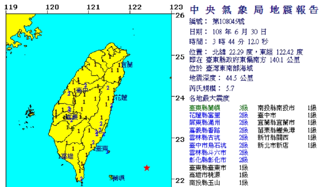 凌晨地牛翻身 台東規模5.7地震最大震度3級