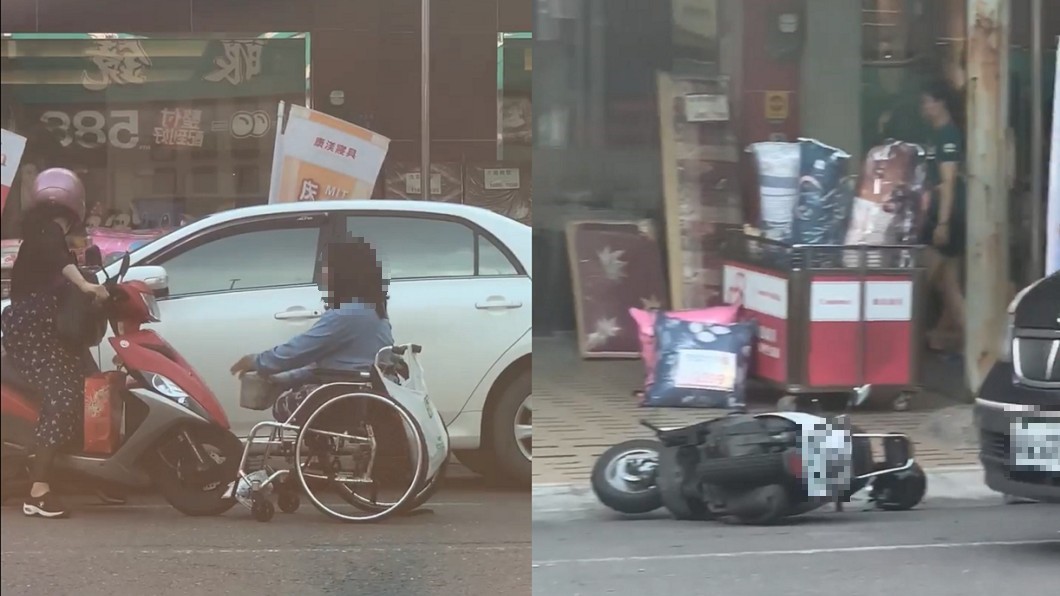 該名輪椅男子用鐵筒敲機車要求捐款,若拿不到錢就推倒機車洩憤。圖/爆料公社