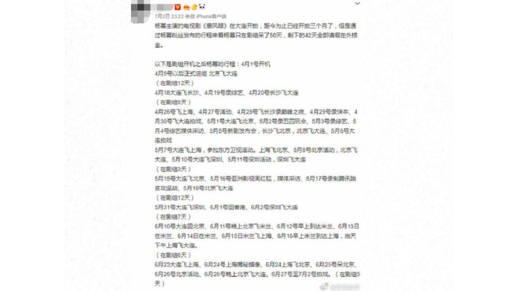網友詳細列出楊冪行程。圖／翻攝自微博
