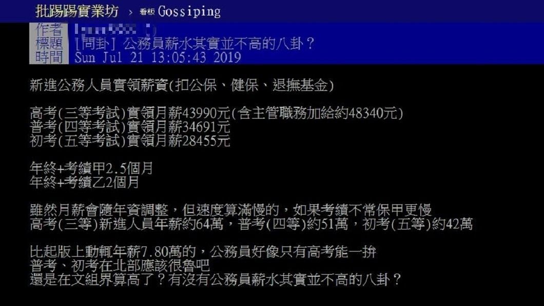 有網友分享其實當公務員，薪水並沒有你想像中的高。(圖／翻攝自PTT)