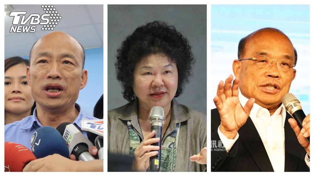 高雄市長韓國瑜(左)為了719大水，與前市長陳菊(中)、行政院長蘇貞昌公開互嗆！大雨時雨量達126毫米，淹水不可避免，但3小時內迅速退水，治水有成效。    圖／中央社