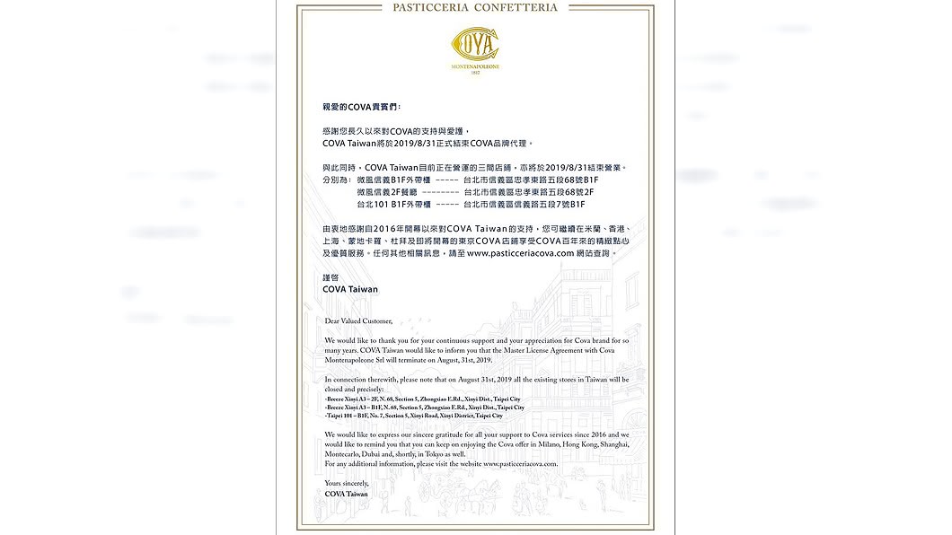 米蘭甜點品牌COVA撤出台灣 3百貨櫃位月底熄燈