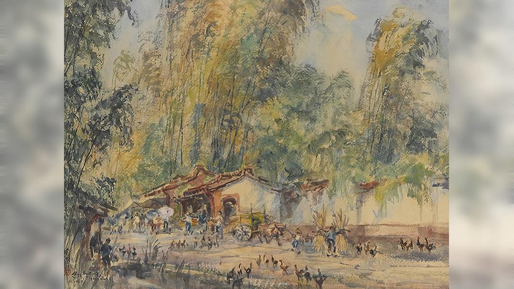 台灣畫家藍蔭鼎的「台灣鄉村」描繪了台灣鄉村農業景緻，畫中紅瓦白屋、牛車與收穀的人們在大片綠蔭下顯得童趣可愛，明快的筆觸為作品注入鮮活的生命力，體現台灣鄉村的風土之美。圖／國美館提供