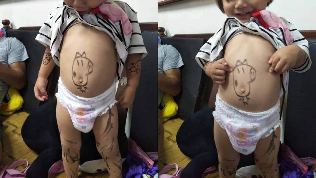 爸爸幫女兒畫上佩佩豬。圖/翻攝自爆怨公社