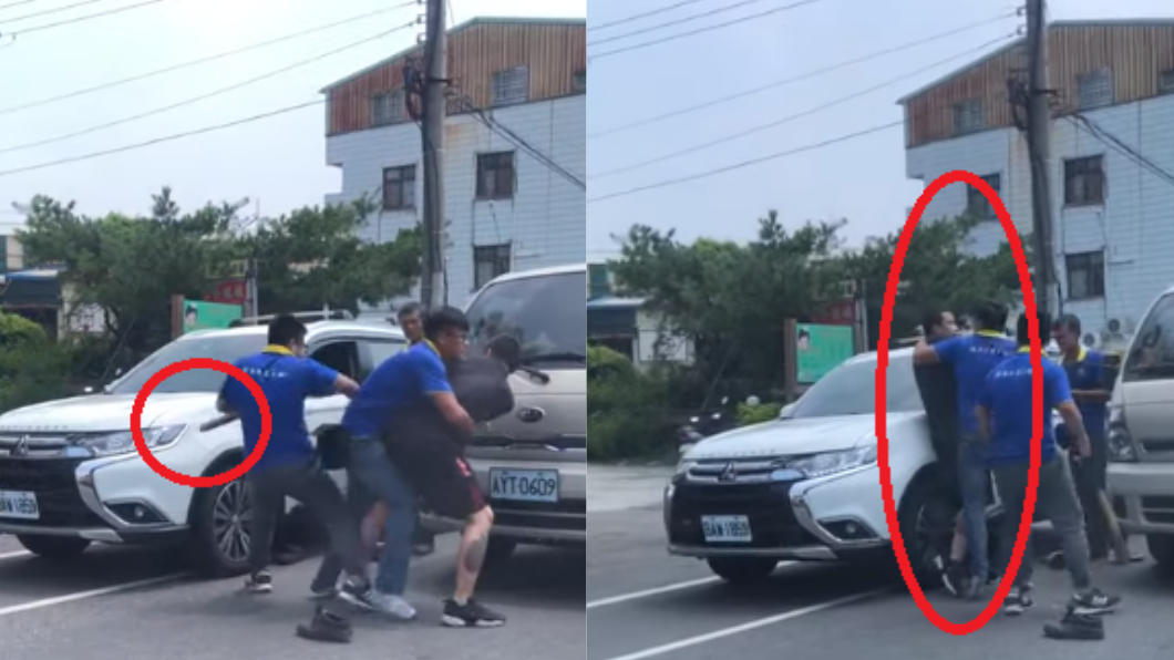 (左)球棒秒被搶走、(右)2人抱在一起。圖／翻攝自爆料公社