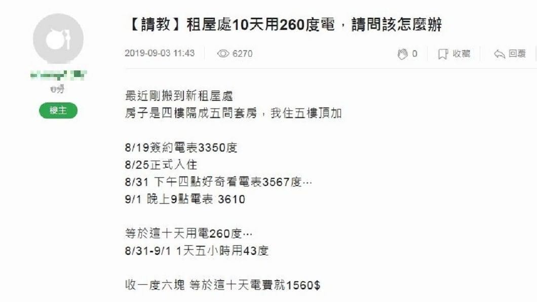 1名女網友分享自己租屋在外,10天時間就用電達260度,電費達1560元。(圖/翻攝自mobile 01)