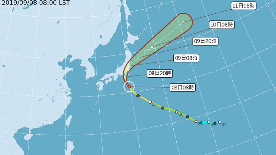 第15號颱風法西朝日本關東行進。圖/翻攝中央氣象局
