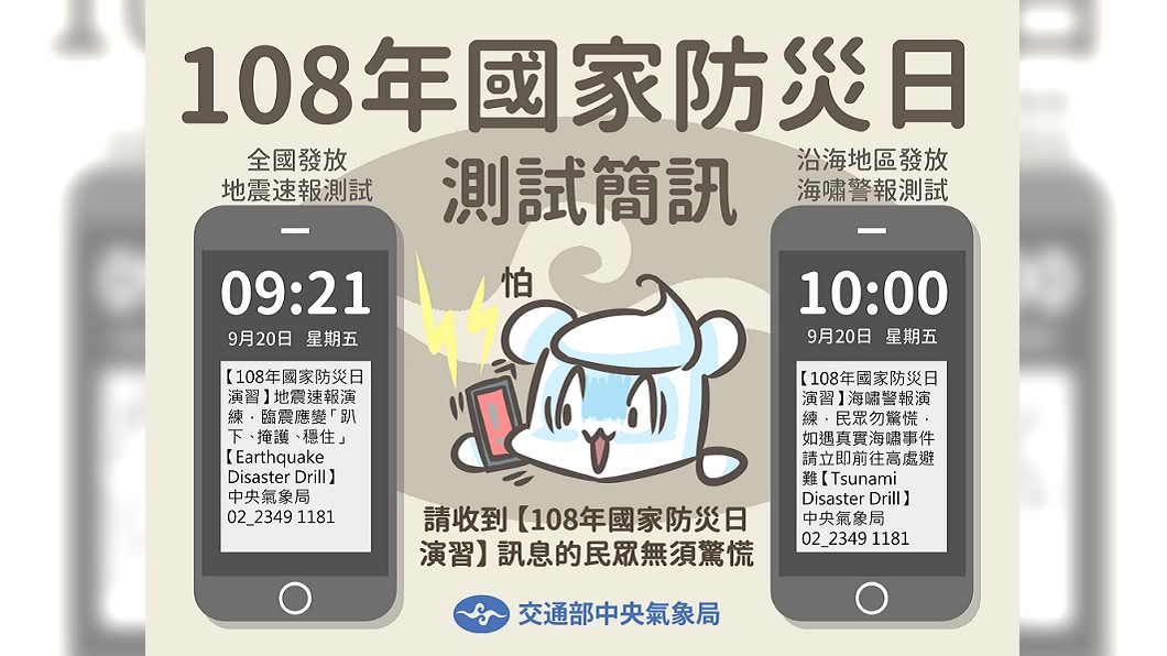 「108年國家防災日」訂於9月20日(星期五)上午分別進行地震與海嘯全國防災演練。(圖/中央氣象局報地震臉書粉絲團)