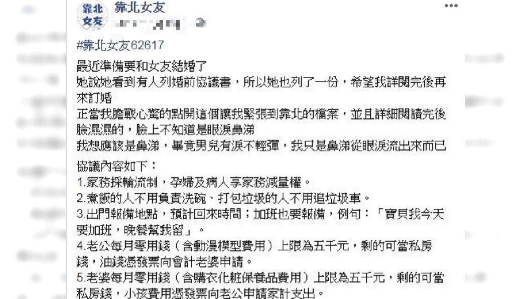 1名男網友發文表示，自己要和女友結婚了，但對方列出12項婚前協議。(圖／翻攝自靠北女友臉書粉絲團)