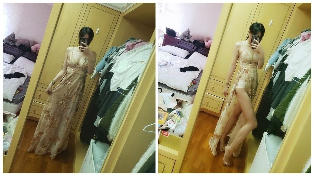 沒想到試穿之後,洋裝竟變成超性感戰袍。(圖/翻攝自爆廢公社公開版)