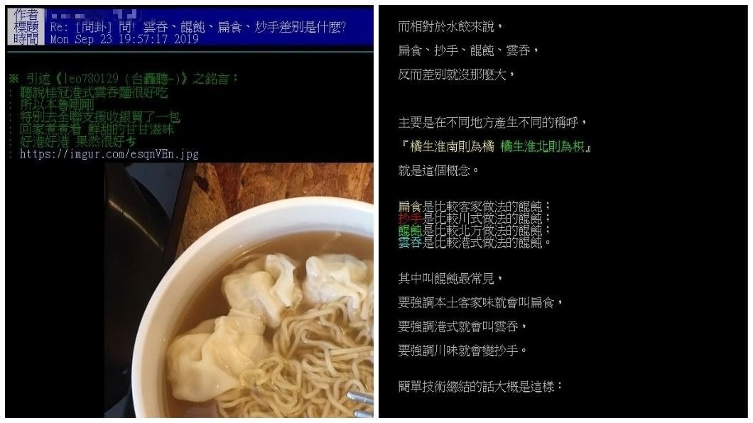 有網友專業分析如何分辨餛飩、扁食、雲吞和抄手,不少人看了都跪了。(圖/翻攝自PTT)