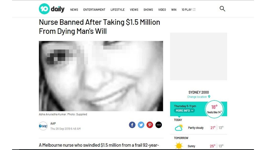 澳洲1名護理師誘使老翁在遺囑上，將受益人填成自己名字，順利繼承150萬美元。圖／翻攝自10daily新聞網站