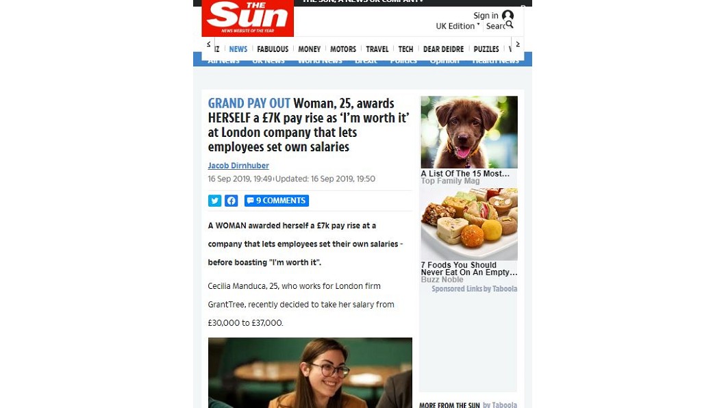 英國倫敦一家佛心公司GrantTree提倡一項政策,讓員工不須經主管同意,依自身工作能力表現訂薪水。圖/翻攝自the sun新聞網