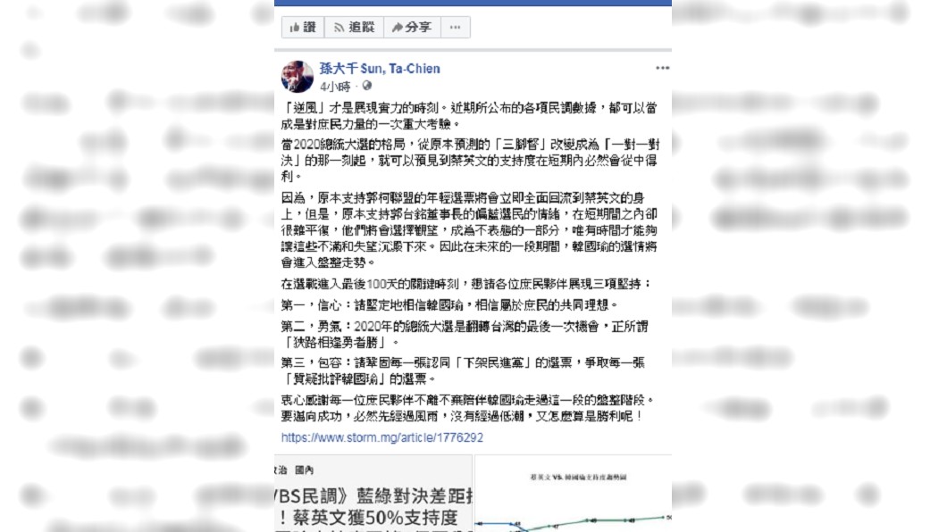孫大千在臉書發文籲三大堅持。 圖／翻攝自孫大千 粉專