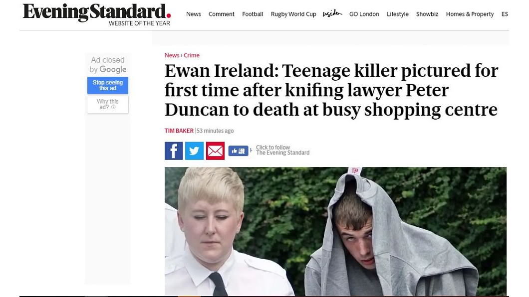 英國1名18歲少年艾爾蘭(Ewan Ireland)8月涉嫌以螺絲起子殺害52歲律師。圖／翻攝Evening Standard　網站