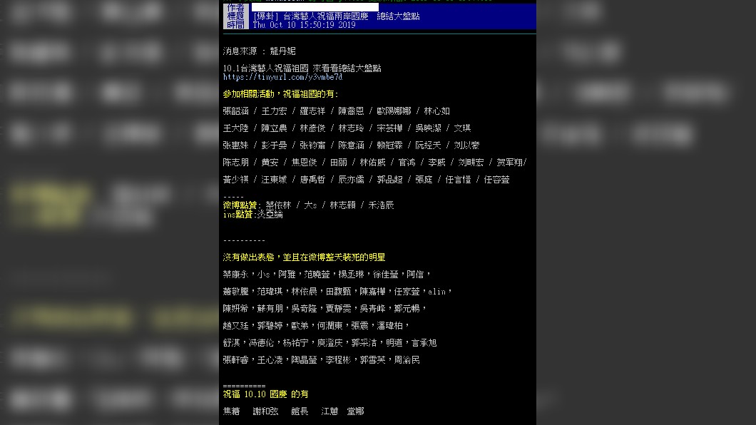網友整理出祝賀國慶的藝人資料。圖／翻攝自PTT.