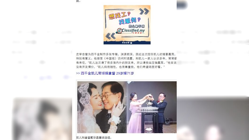 馬來西亞女星凱兒與拿督戴華昌於6月舉行婚禮。圖／翻攝自中國報