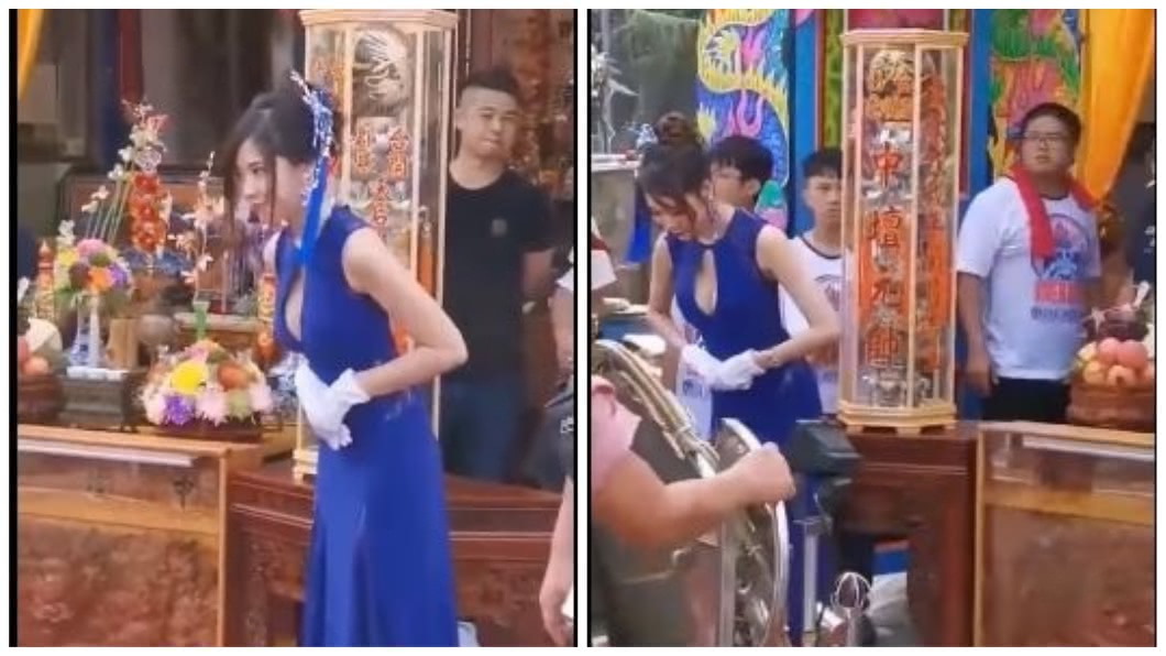 2位禮生穿著合身的改良式旗袍,胸前挖空的設計,一鞠躬就秀出傲人事業線。(圖/翻攝自黑色豪門-廟會陣頭資訊區臉書粉絲團)