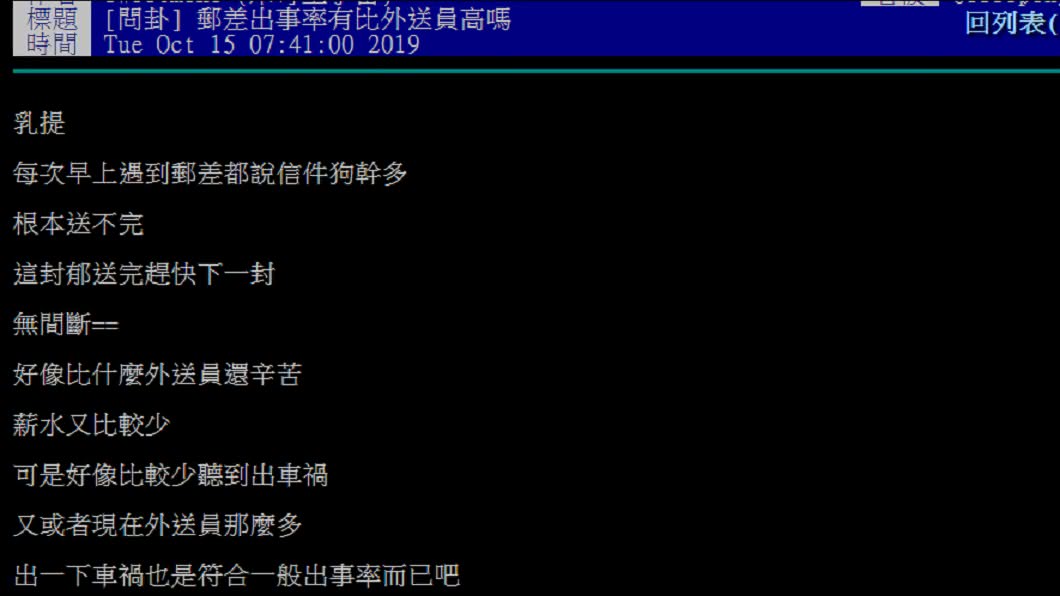 網友好奇為何郵差出事率比外送員低。 圖/翻攝自PTT
