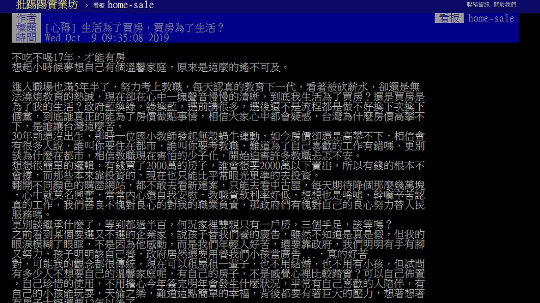 網友發文探討買房困境。圖/翻攝自PTT