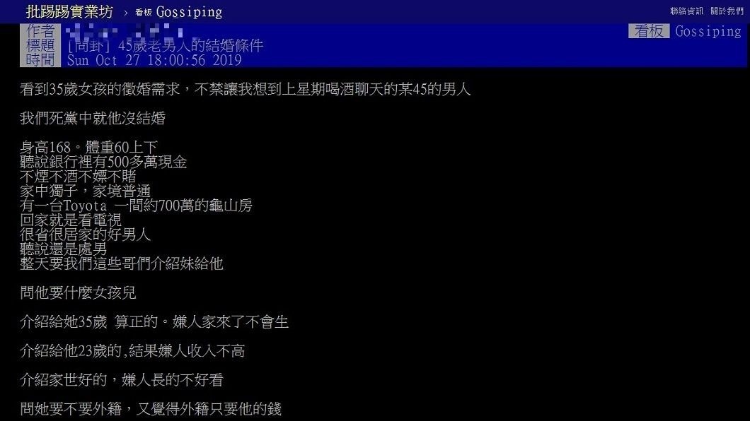 有網友分享自己的死黨45歲還未婚,介紹妹子給他卻被嫌東嫌西。(圖/翻攝自PTT)