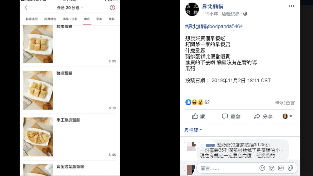 網友點外送,嫌一份蛋餅70元太貴。 圖/翻攝自 靠北熊貓