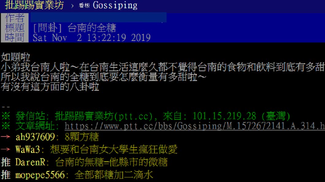 網友好奇發文問台南的甜度。圖/翻攝自PTT