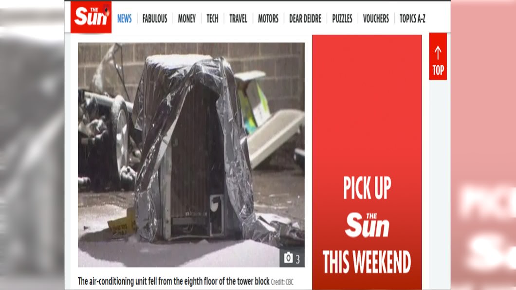 冷氣不偏不倚砸中一台嬰兒車。圖/翻攝自The Sun