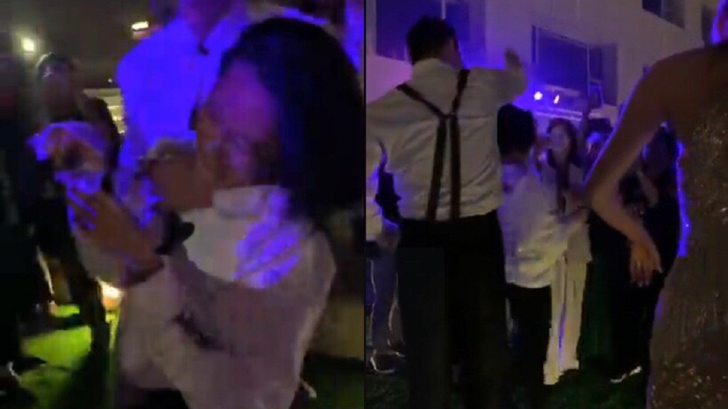 小S在林志玲婚禮後的Party上,牽著AKIRA跳舞。(圖/翻攝自邱瓈寬臉書)