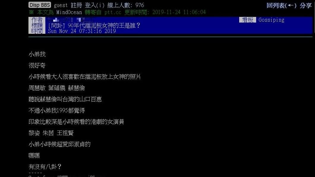 有網友好奇發文詢問誰是90年代的擋泥板女神。(圖/翻攝自PTT)